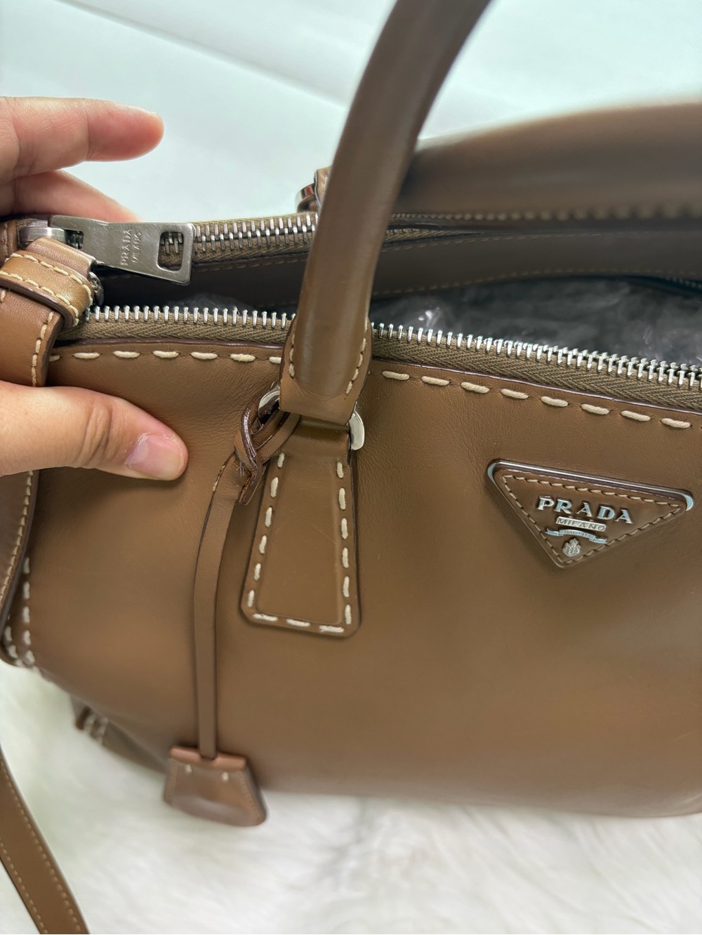 Prada Tan Leather Satchel with Stitch Detailing - Picture 13 of 16